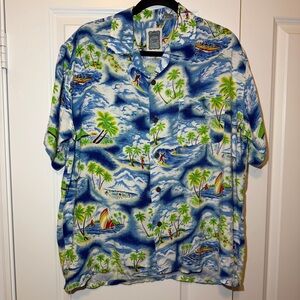 Ocean Current Blue & Green Tropical Hawaiian Button-Down Shirt 100% rayon